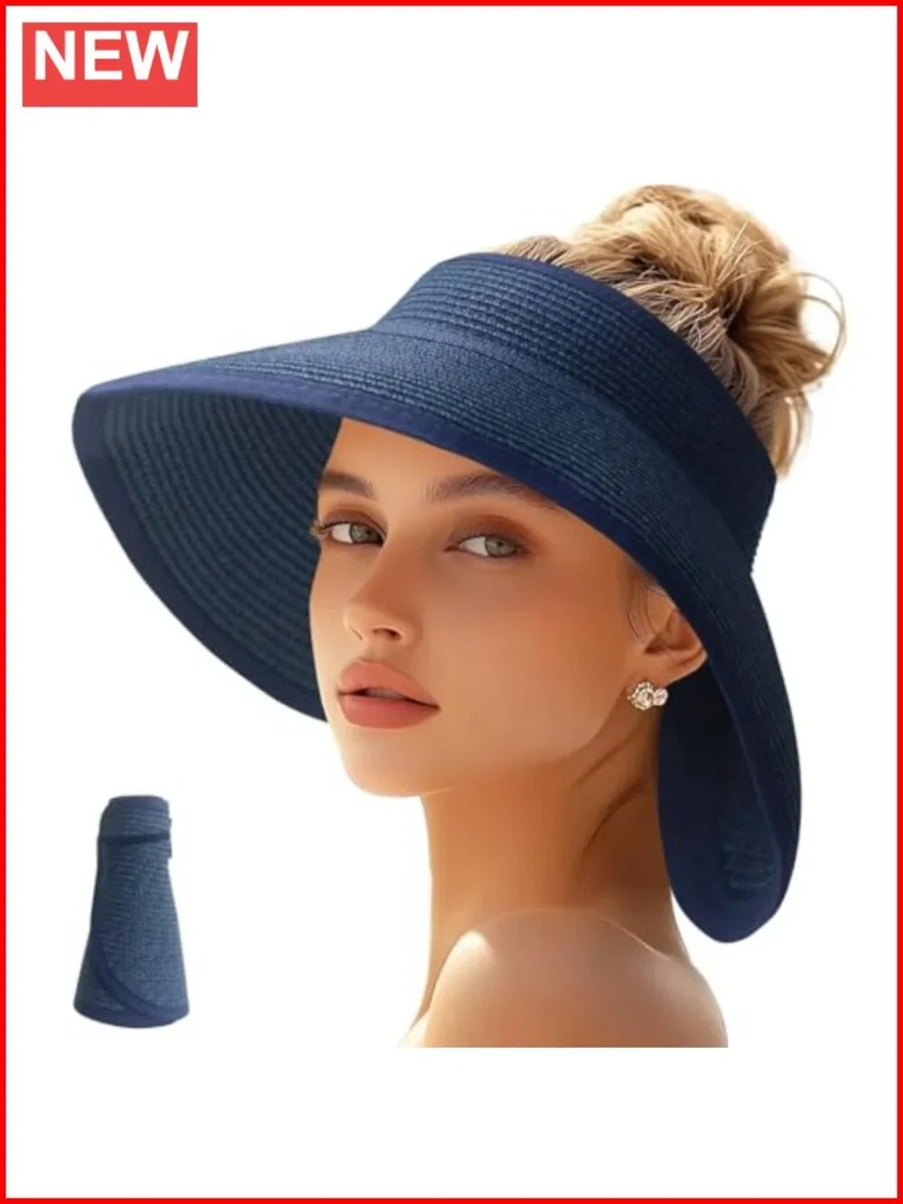 Straw Wide Brim Ponytail Sun Visor Hat for Women, UPF 50+ UV Protection
